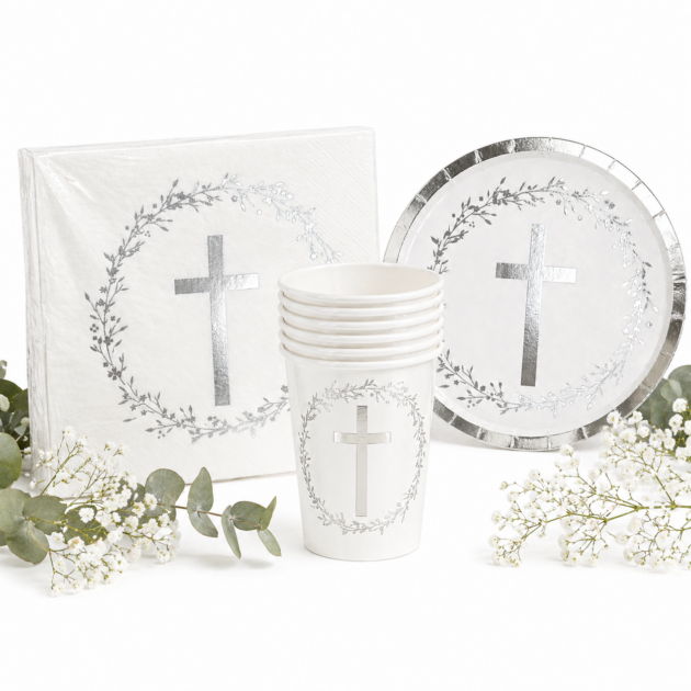 Kit vaisselle communion argenté