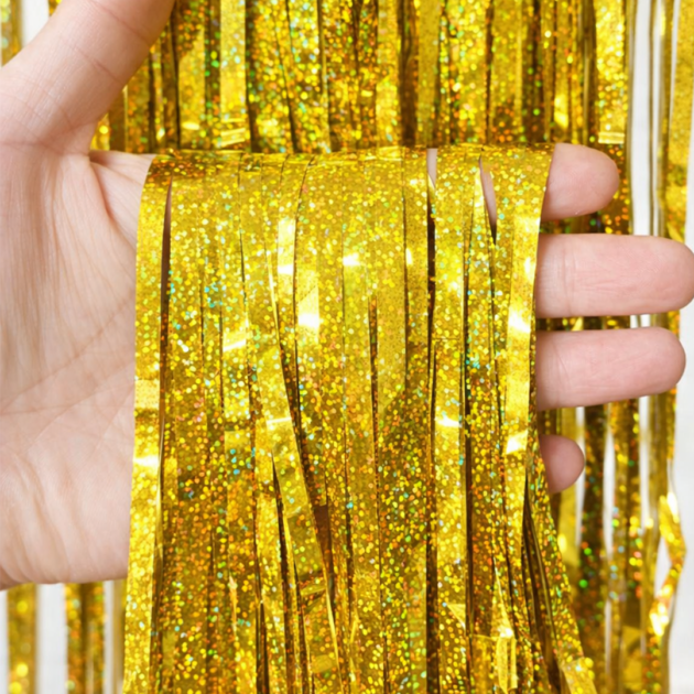 Rideaux à franges holographiques dorées