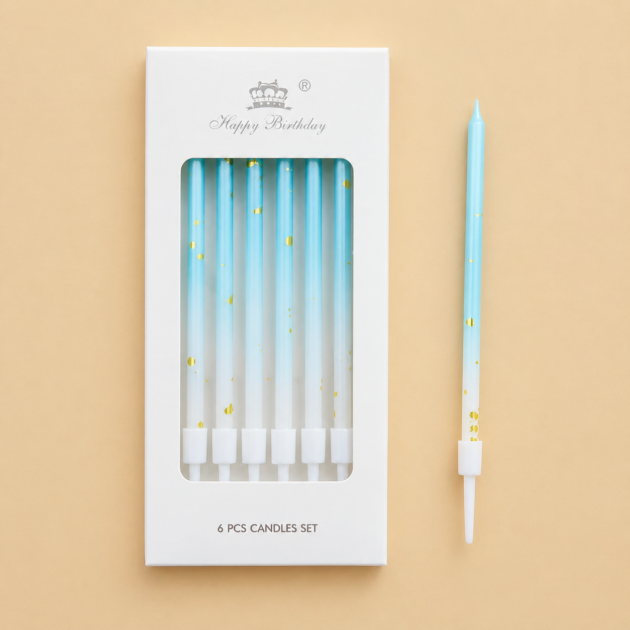 Bougies bleues à feuilles d'or x6