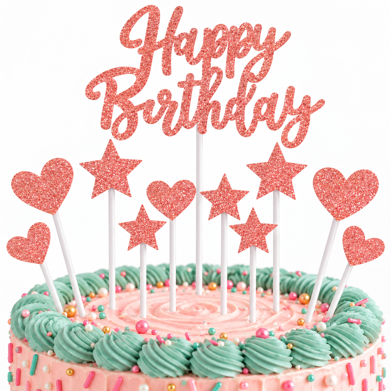 Toppers Happy Birthday rose pailleté