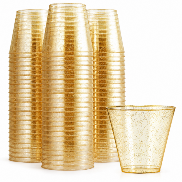 Verres en plastique à paillettes dorées x10