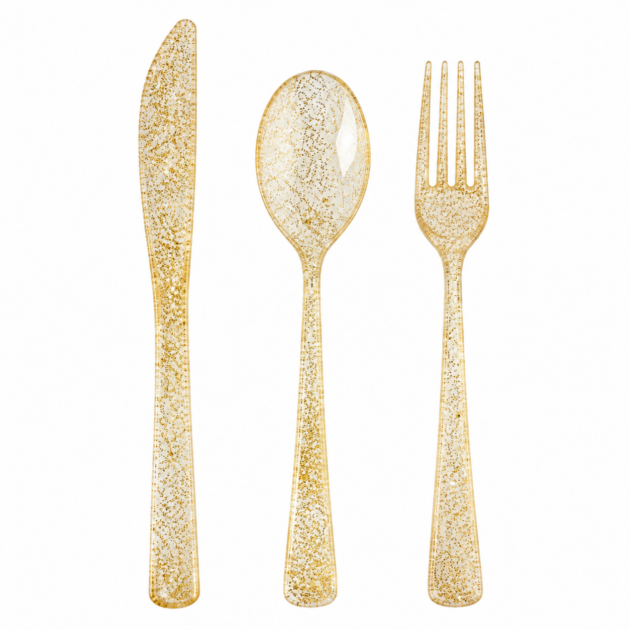 Lot de couverts en plastique à paillettes dorées x10