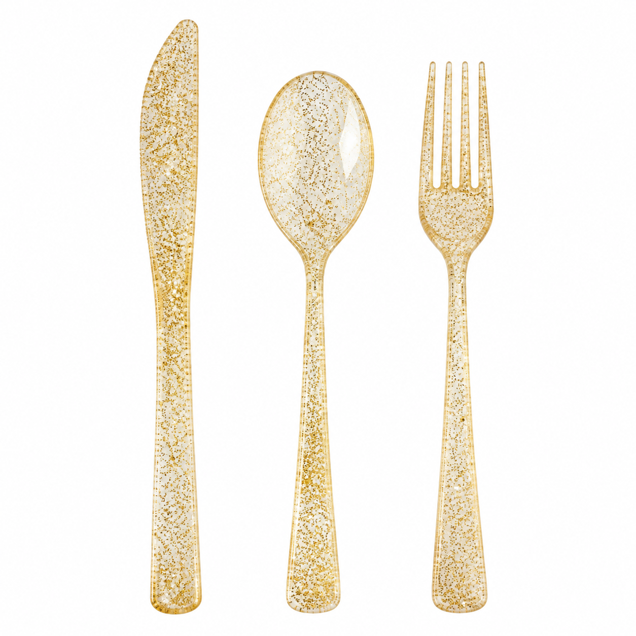 Lot de couverts en plastique à paillettes dorées x10