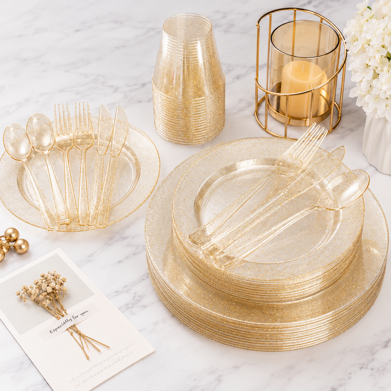Lot de couverts en plastique à paillettes dorées x10 – Image 2