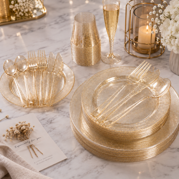 Kit vaisselle en plastique à paillettes dorées x10